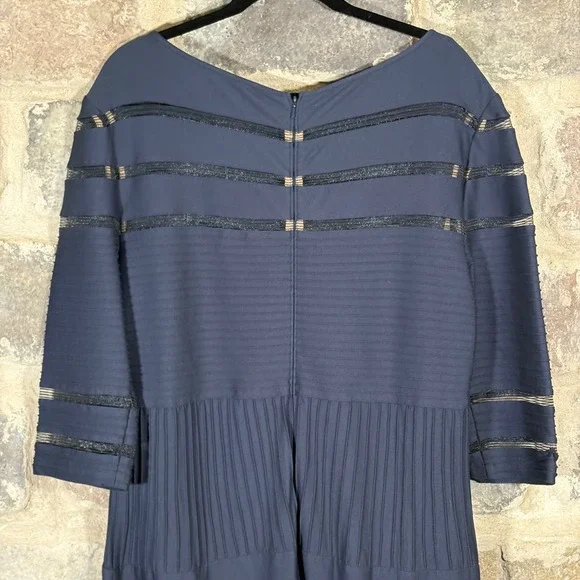 Tadashi Shoji Too Navy Blue Dress 1X Plus Size‎ Pleated Mesh Trim Party Formal